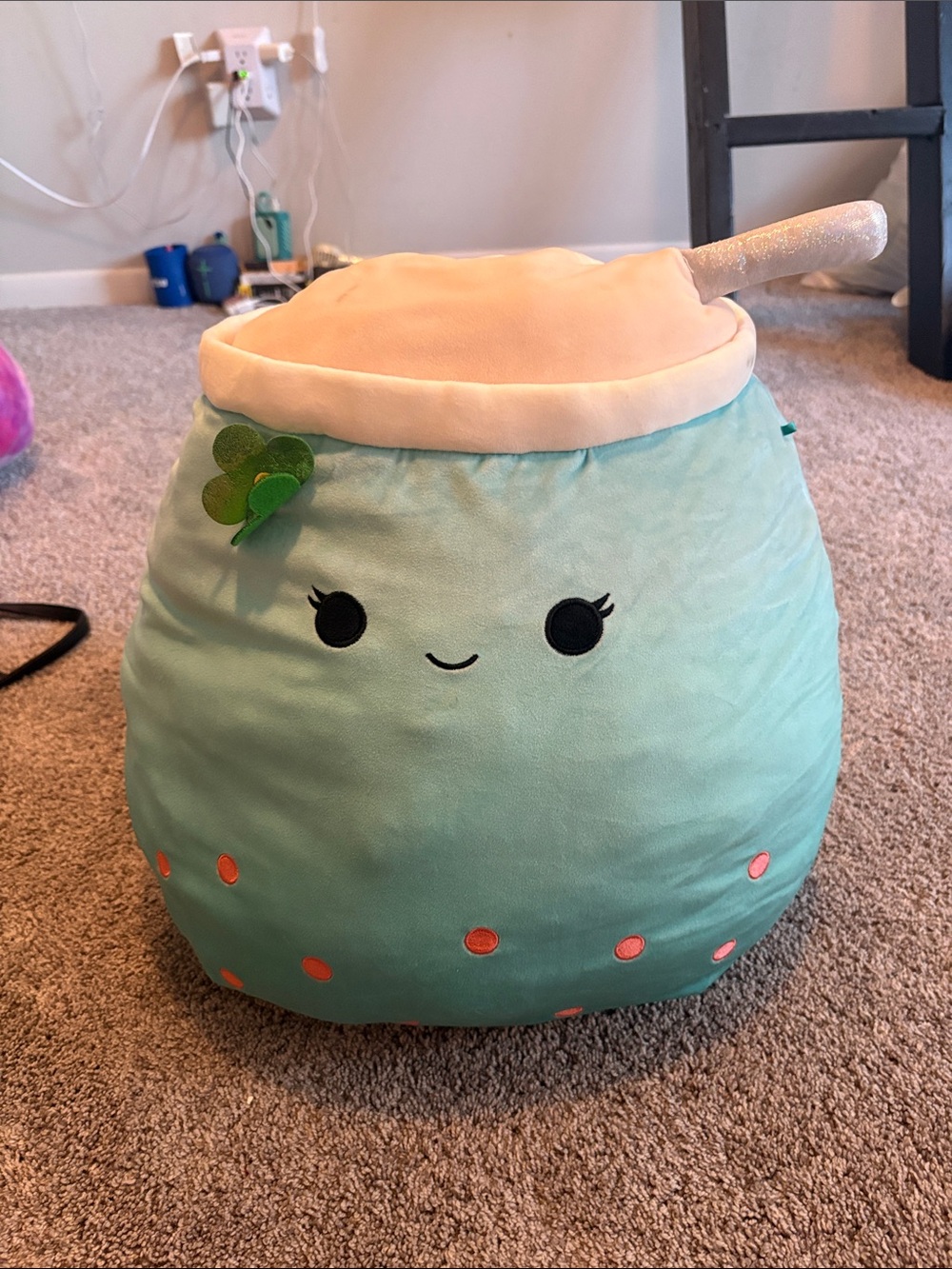 Squishmallows Mint Bubble Tea Plush with Cream Top & Coral Accents